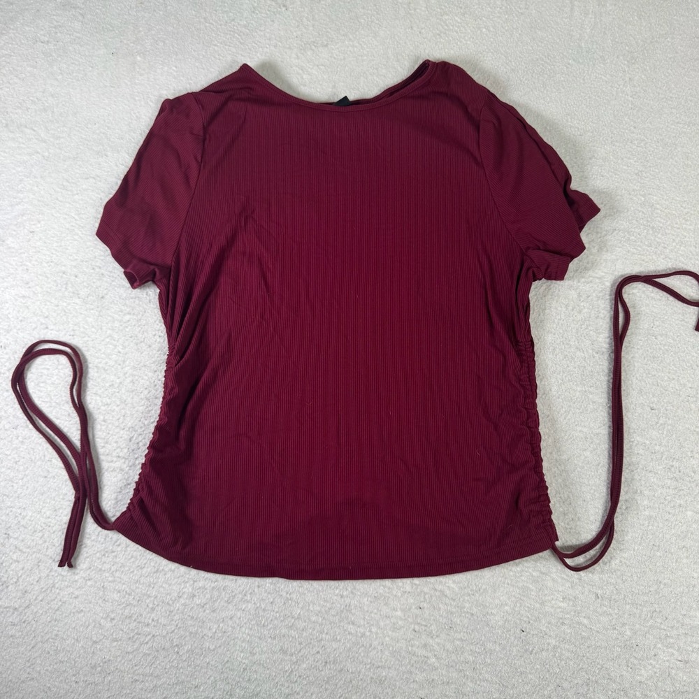 SHEIN Curve Ribbed Knit Top Womens 2XL Burgundy Excellent Ruched Side Tie Tee